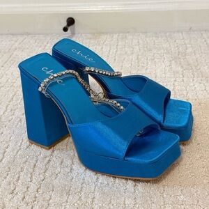 Electric Blue Satin Platforms with Crystal Strap - EGO Shoes